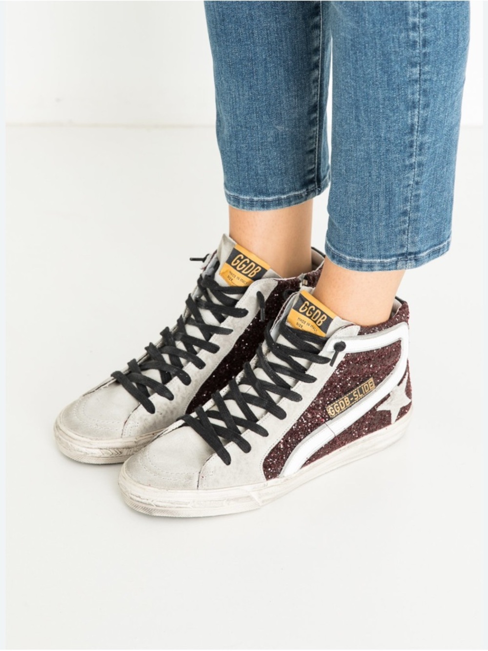 Golden Goose White & Burgundy Glitter Mid-Top Sneakers